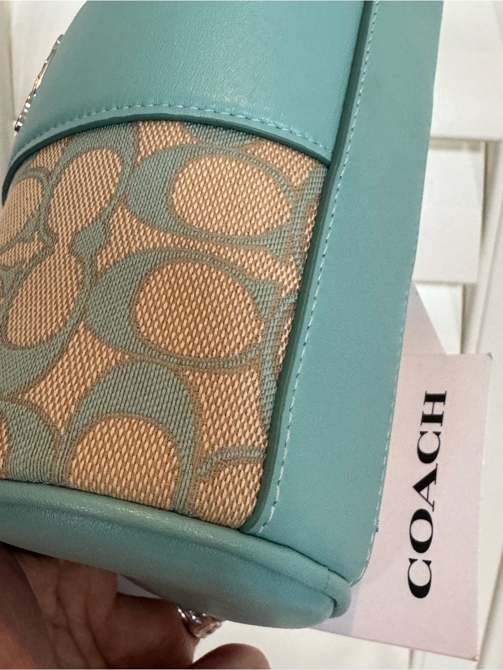 Coach Mini Barrel Shoulder Bag in Aqua/Beige Signature Jacquard - Picture 7 of 7
